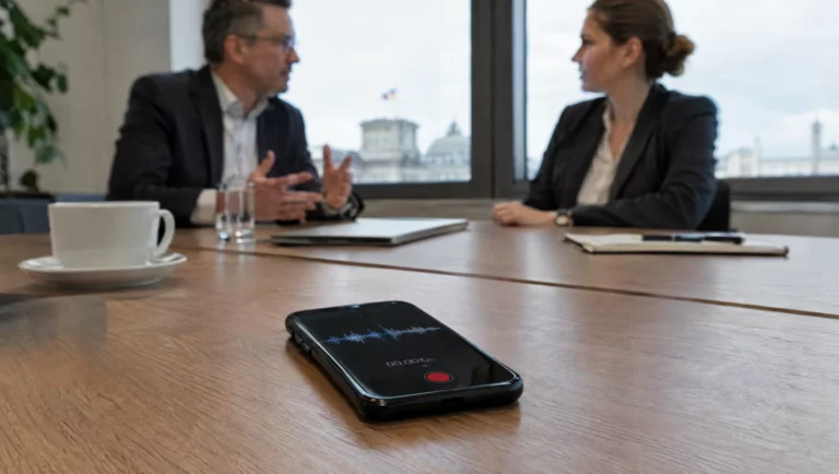 Smartphone mit laufender Sprachaufnahme liegt auf einem Besprechungstisch – typischer Fall der Verletzung der Vertraulichkeit des Wortes.