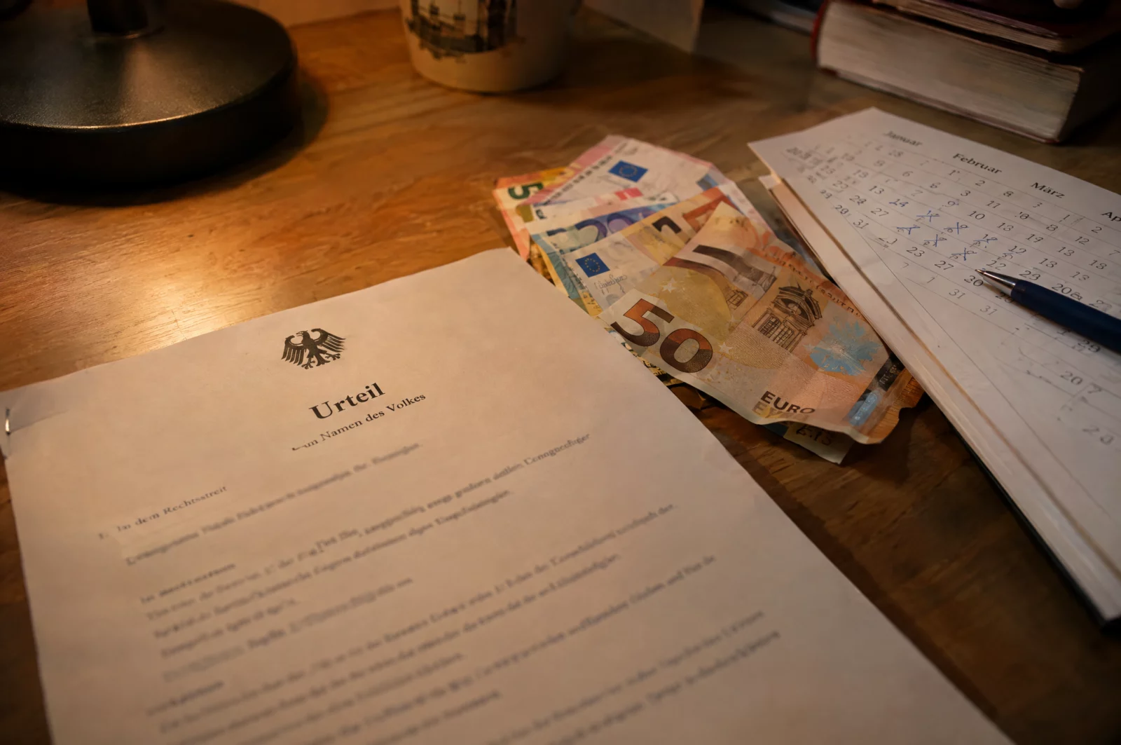 Urteil, Euro-Scheine und ein Kalender mit markierter Bewährungszeit liegen bei einer Verwarnung mit Strafvorbehalt auf dem Tisch.