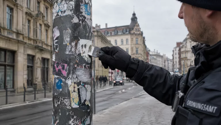 Eine Hand im Handschuh kratzt Aufkleber von einem Laternenmast in der Stadt – auch Sticker können eine Volksverhetzung darstellen.
