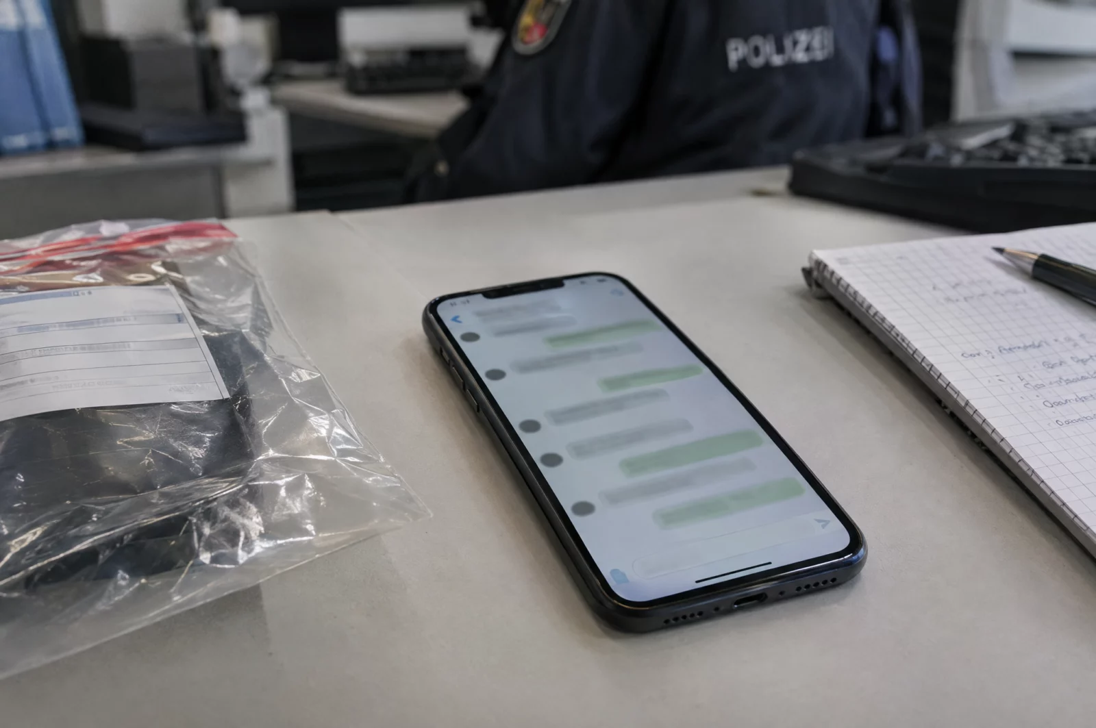 Ein Smartphone mit unscharfem Gruppenchat liegt neben einer Beweismitteltasche – Ermittlungen wegen Volksverhetzung in Chatgruppen.