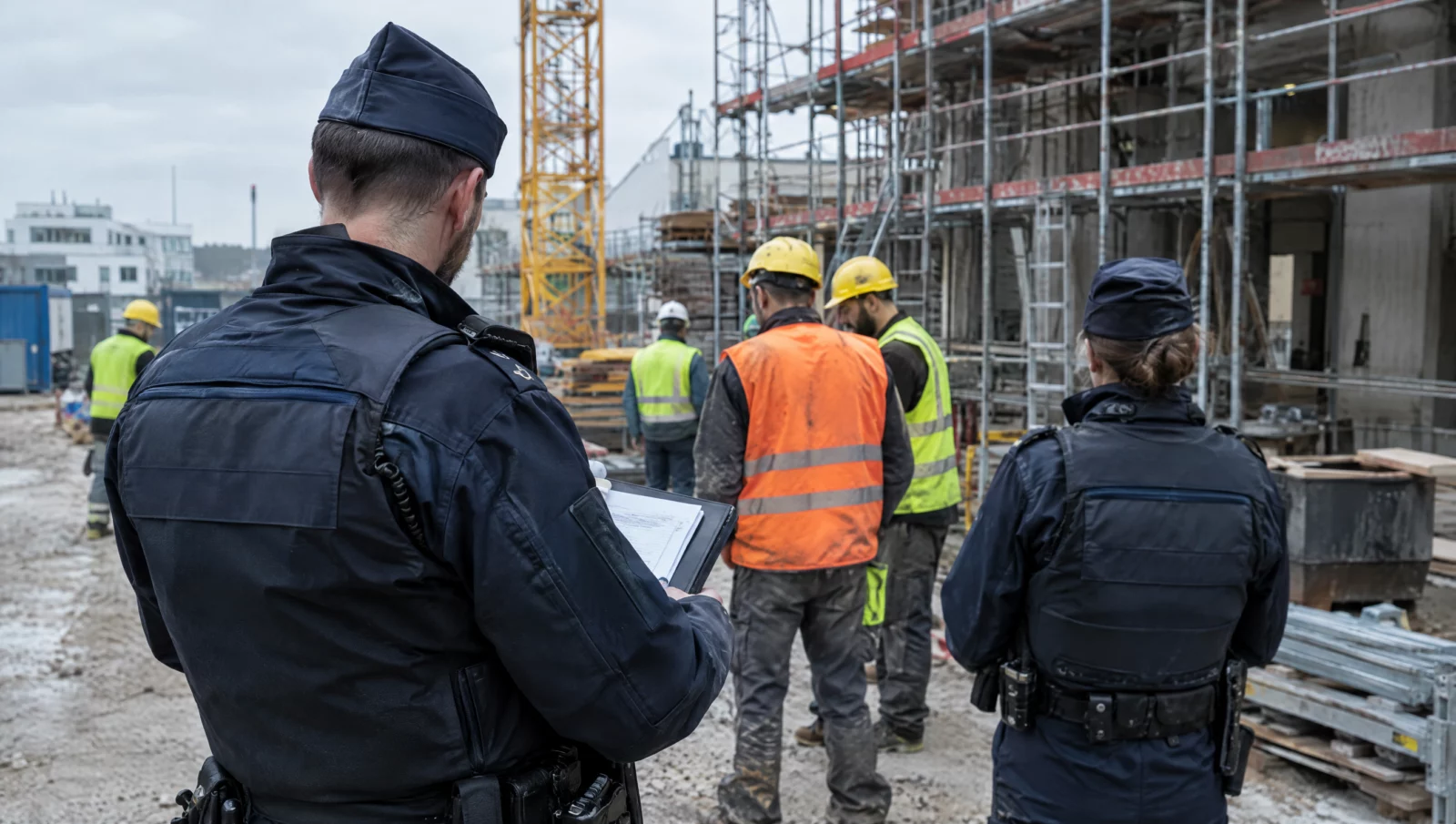 Zollbeamte kontrollieren Bauarbeiter auf einer Baustelle, häufig der Auftakt eines Verfahrens nach § 266a StGB.