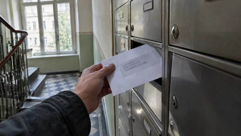 Eine Hand zieht im Altbau-Treppenhaus einen amtlichen Brief aus dem Briefkasten, wie es bei einer Vorladung oft beginnt.