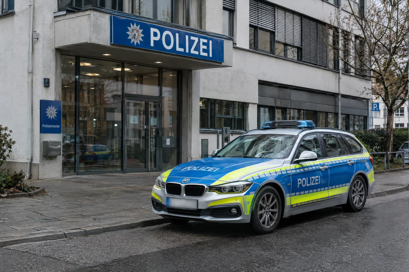 Eingang eines Polizeireviers mit POLIZEI-Schriftzug und davor geparktem Streifenwagen, Ziel vieler Vorladungen.