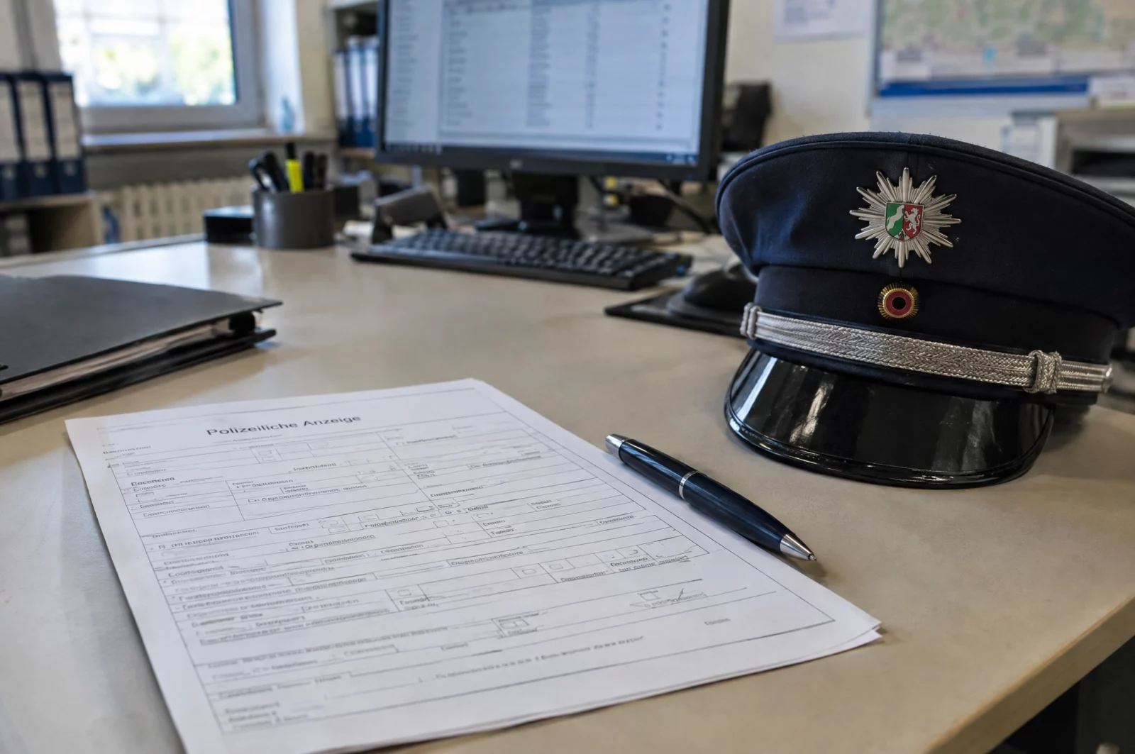 Ein Anzeigeformular, ein Stift und eine Polizeimütze liegen auf einem Schreibtisch in der Polizeidienststelle.