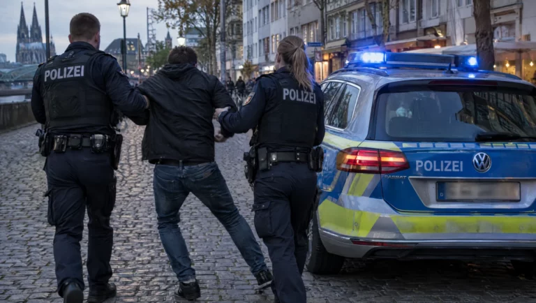 Zwei Polizeibeamte halten in der Abenddämmerung einen Mann fest, der sich losreißen will, daneben steht der Streifenwagen.