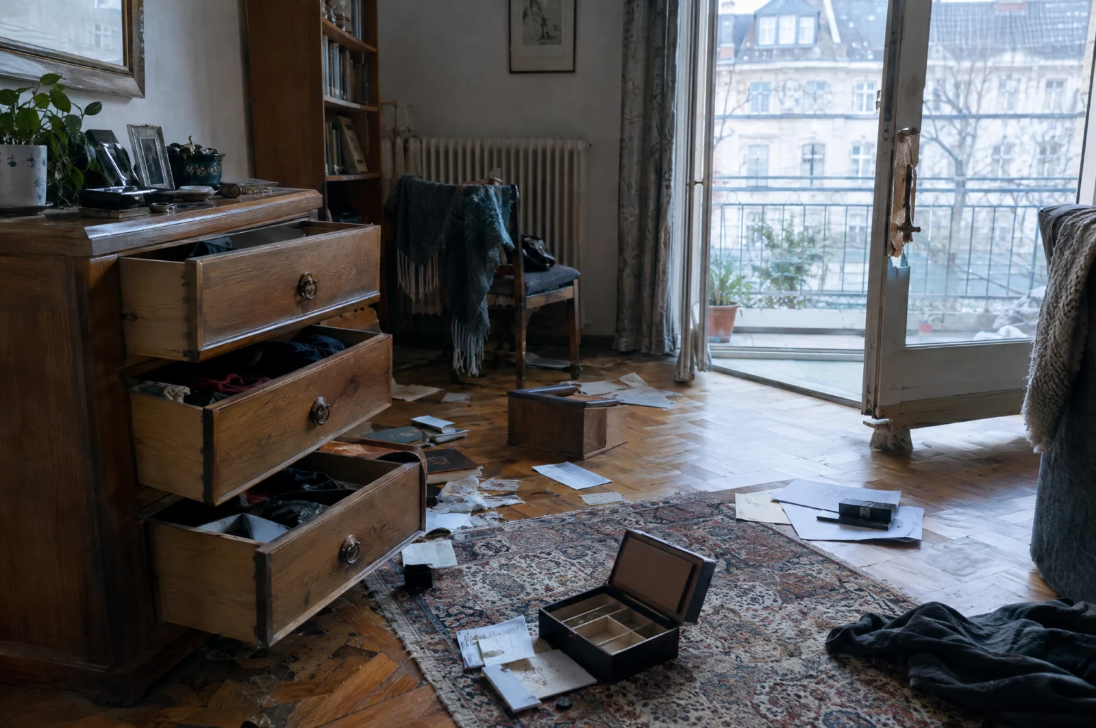 Wohnzimmer einer Altbauwohnung mit offenen Schubladen und verstreuten Papieren nach einem Wohnungseinbruchdiebstahl.