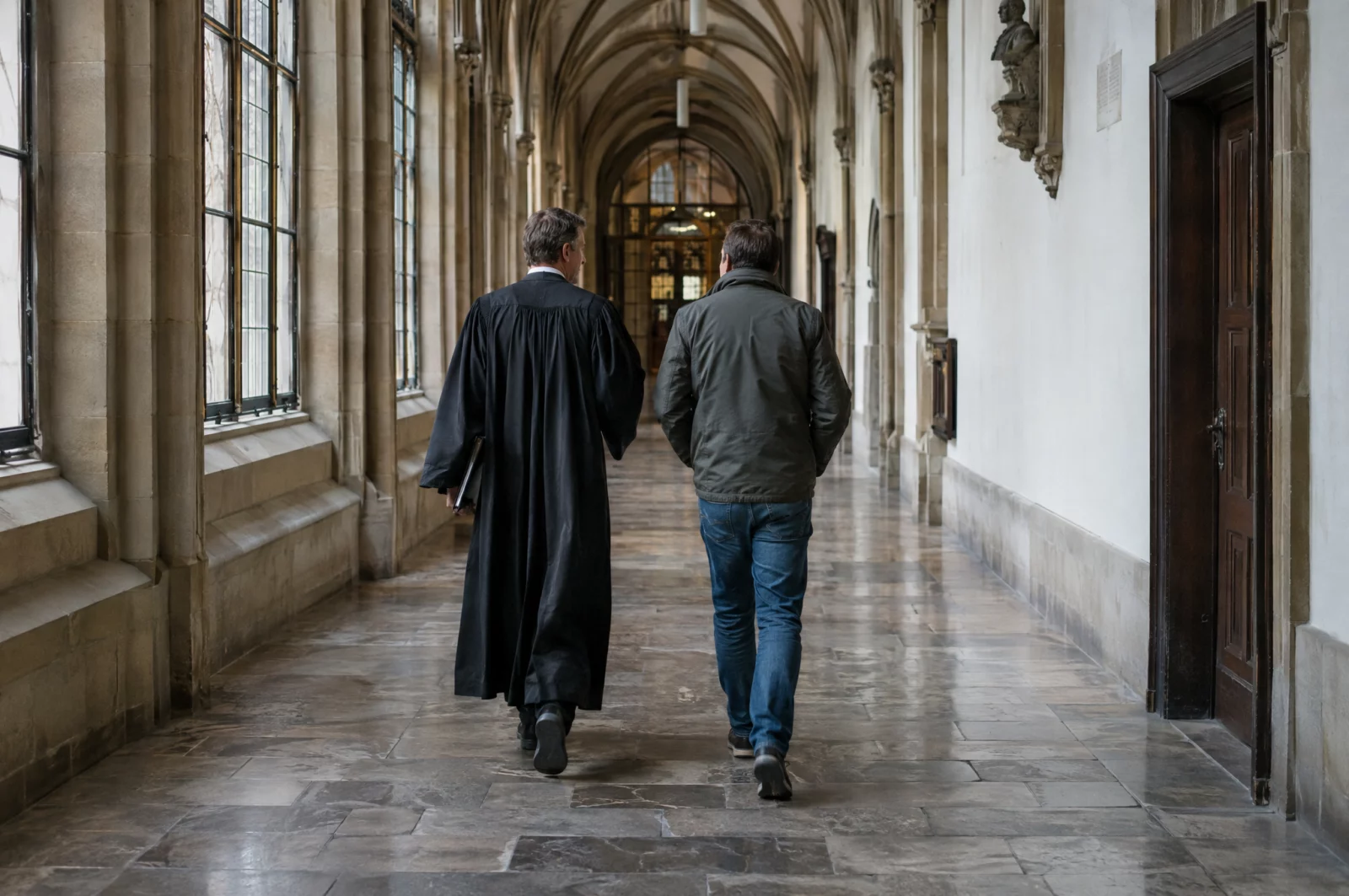Verteidiger in Robe und Mandant gehen durch den Flur eines Gerichts zur Verhandlung wegen Wohnungseinbruchdiebstahls.