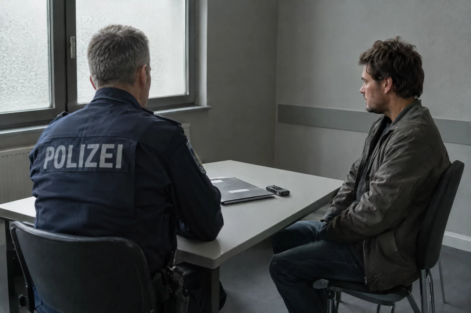 Polizeibeamter und Zeuge sitzen sich in einem nüchternen Vernehmungsraum gegenüber, auf dem Tisch Akte und Aufnahmegerät.