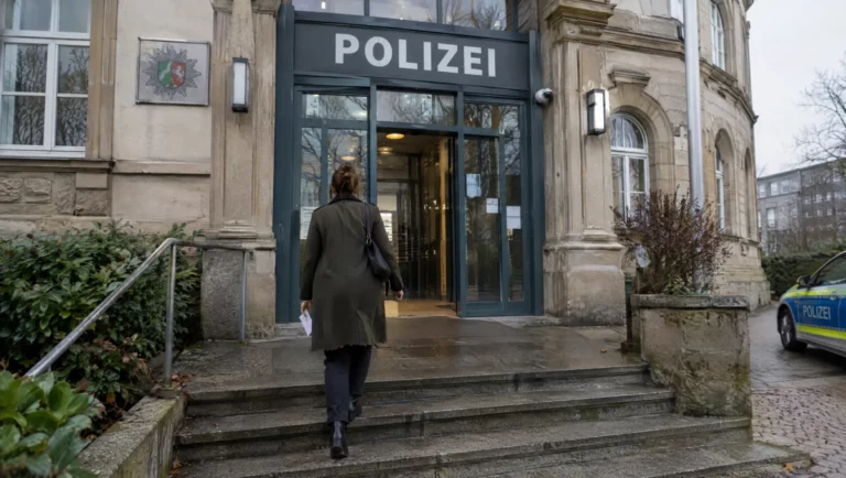 Frau mit einem Schreiben in der Hand geht die Stufen zum Eingang eines Polizeireviers hinauf, um als Zeugin auszusagen.