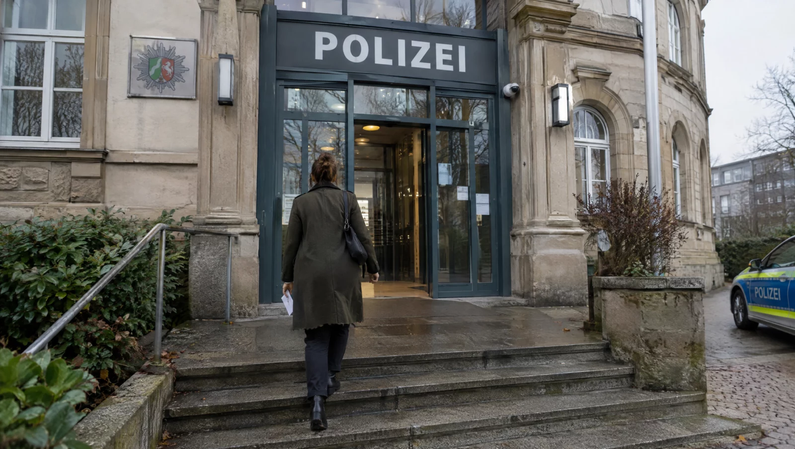 Frau mit einem Schreiben in der Hand geht die Stufen zum Eingang eines Polizeireviers hinauf, um als Zeugin auszusagen.