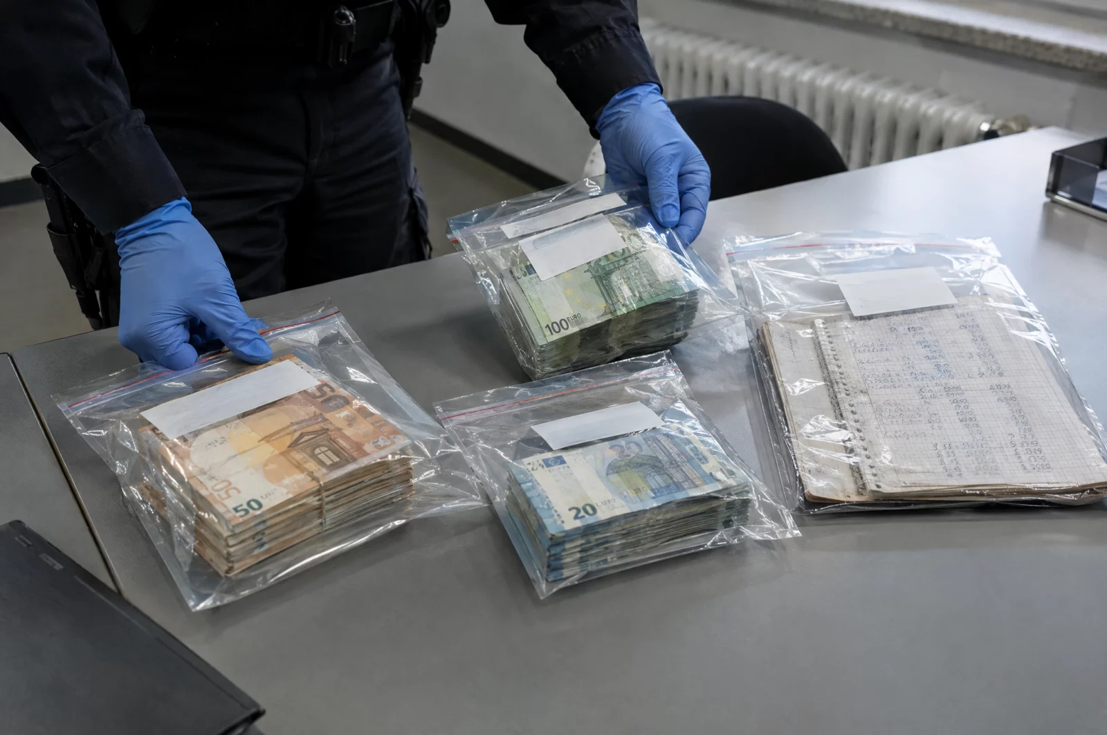 Zuhälterei - § 181a StGB Euro-Bargeld und ein handschriftliches Notizbuch liegen in Beweismitteltüten auf einem Tisch der Polizeidienststelle.