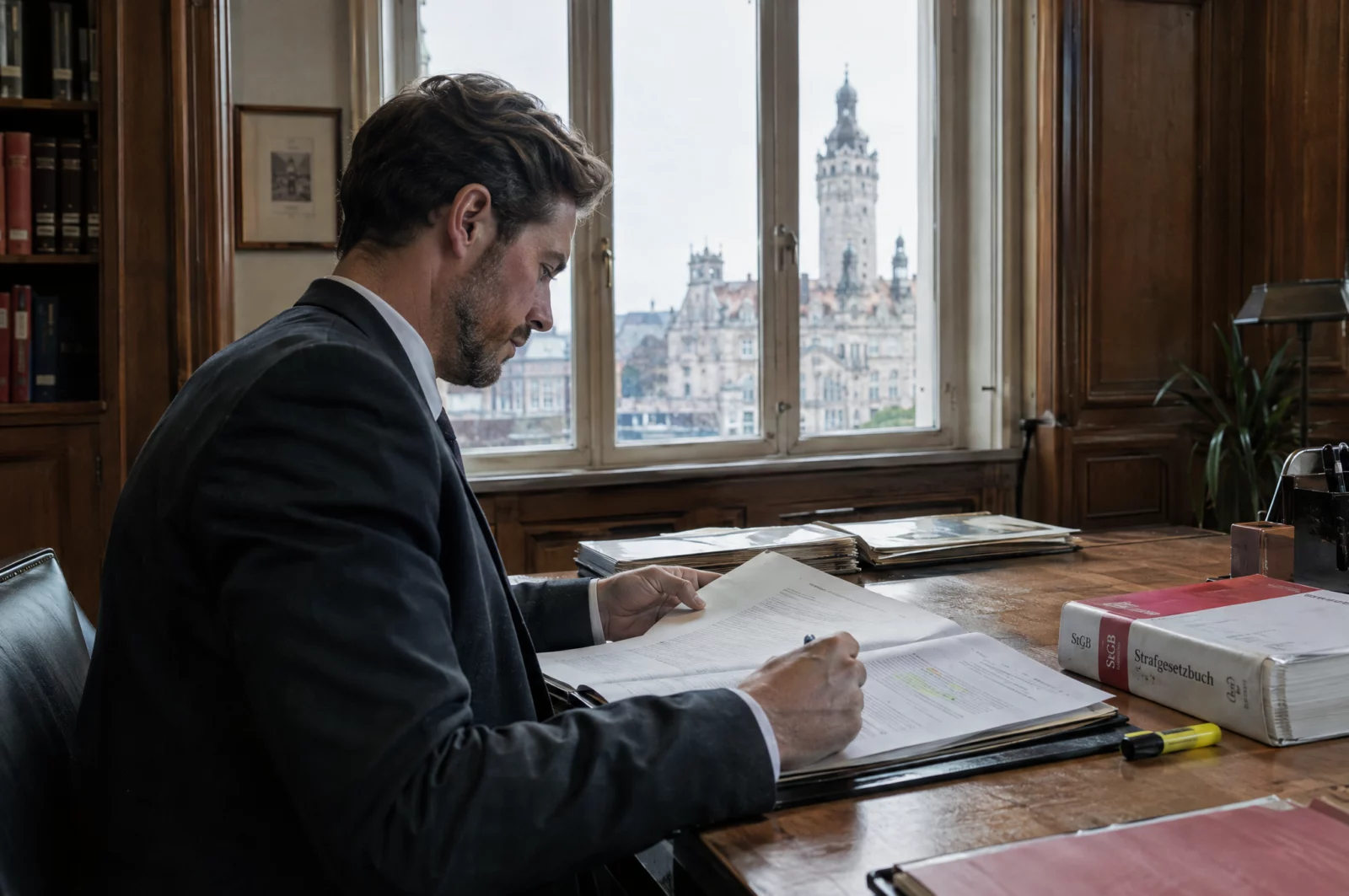 Zuhälterei - § 181a StGB Ein Strafverteidiger studiert in seiner Altbaukanzlei die Ermittlungsakte, daneben liegt das Strafgesetzbuch.
